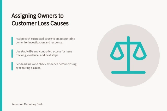 Assigning Owners to Customer Loss Causes: Assign each suspected cause to an accountable owner for investigation and response.; Use stable IDs and controlled access for issue tracking, evidence, and next steps.; Set deadlines and check evidence before closing or repairing a cause. Assigning owners to the root causes of customer loss