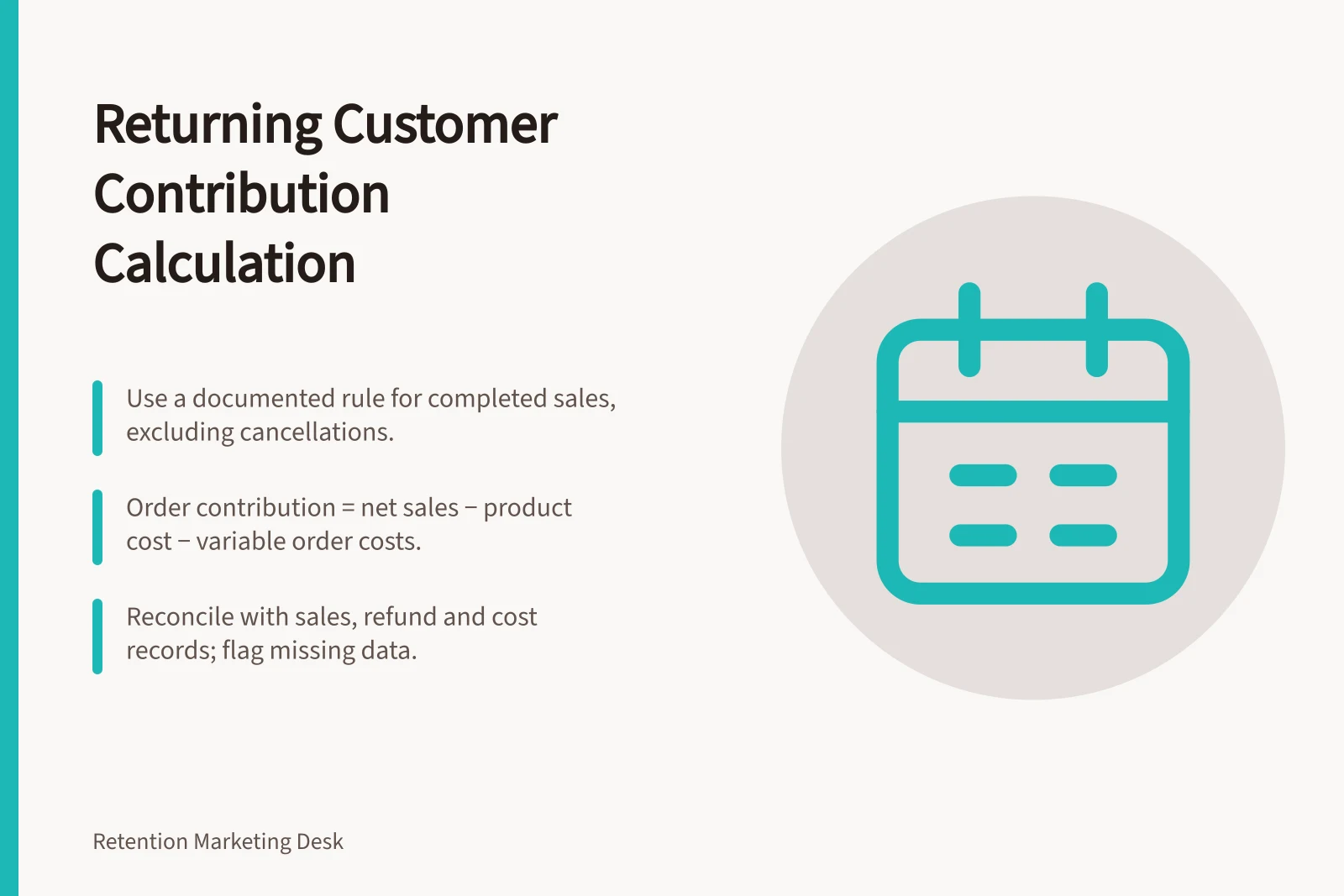 Returning Customer Contribution Calculation: Use a documented rule for completed sales, excluding cancellations.; Order contribution = net sales − product cost − variable order costs.; Reconcile with sales, refund and cost records; flag missing data.