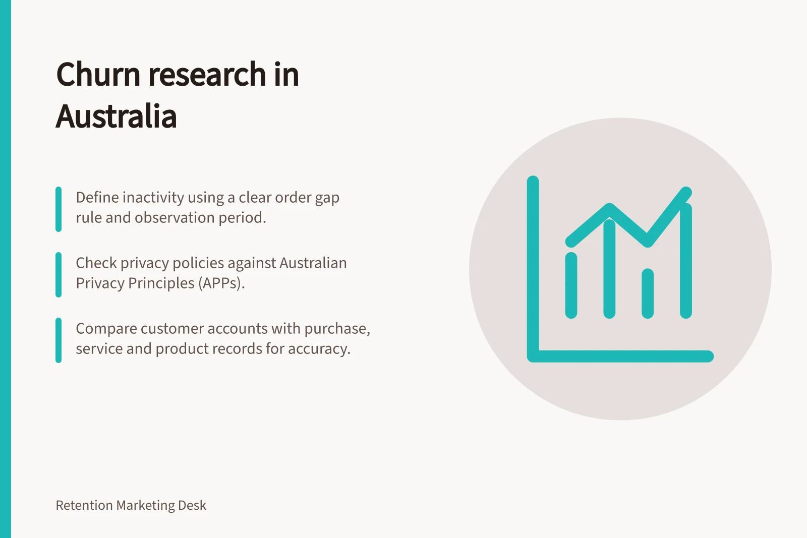 Churn research in Australia: Define inactivity using a clear order gap rule and observation period.; Check privacy policies against Australian Privacy Principles (APPs).; Compare customer accounts with purchase, service and product records for accuracy.