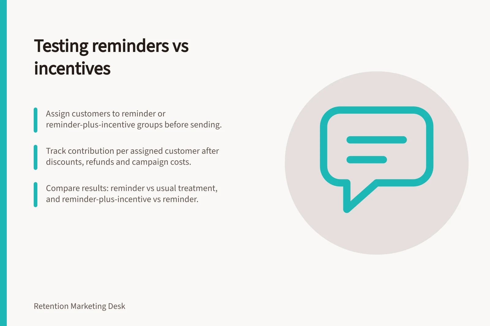 Testing reminders vs incentives: Assign customers to reminder or reminder-plus-incentive groups before sending.; Track contribution per assigned customer after discounts, refunds and campaign costs.; Compare results: reminder vs usual treatment, and reminder-plus-incentive vs reminder.