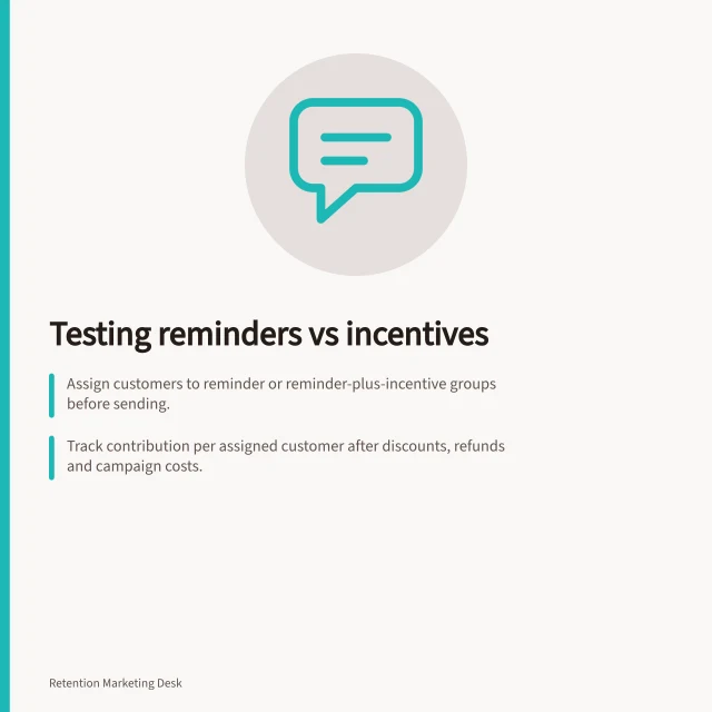 Testing reminders vs incentives: Assign customers to reminder or reminder-plus-incentive groups before sending.; Track contribution per assigned customer after discounts, refunds and campaign costs.; Compare results: reminder vs usual treatment, and reminder-plus-incentive vs reminder. Comparing a reminder with an incentive