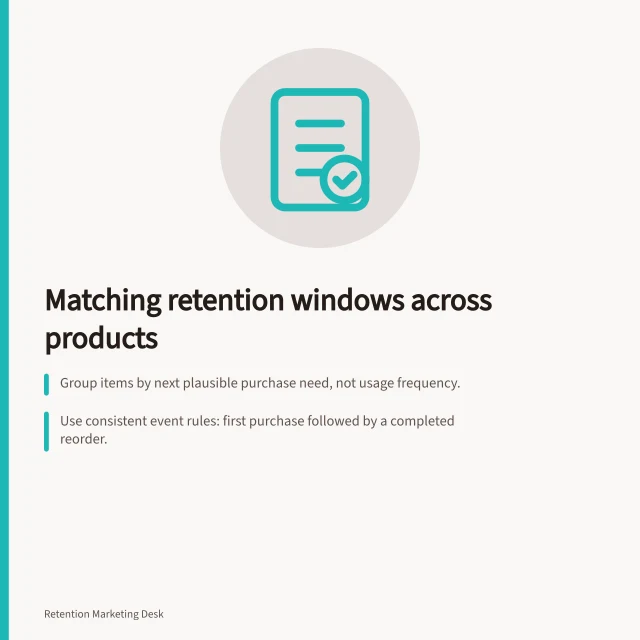 Matching retention windows across products: Group items by next plausible purchase need, not usage frequency.; Use consistent event rules: first purchase followed by a completed reorder.; Show maturity count and window length alongside each retention rate. Comparing retention across products with different usage cycles