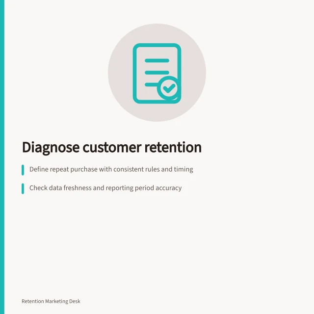 Diagnose customer retention: Define repeat purchase with consistent rules and timing; Check data freshness and reporting period accuracy; Compare mature groups using same follow-up window. Customer retention diagnosis