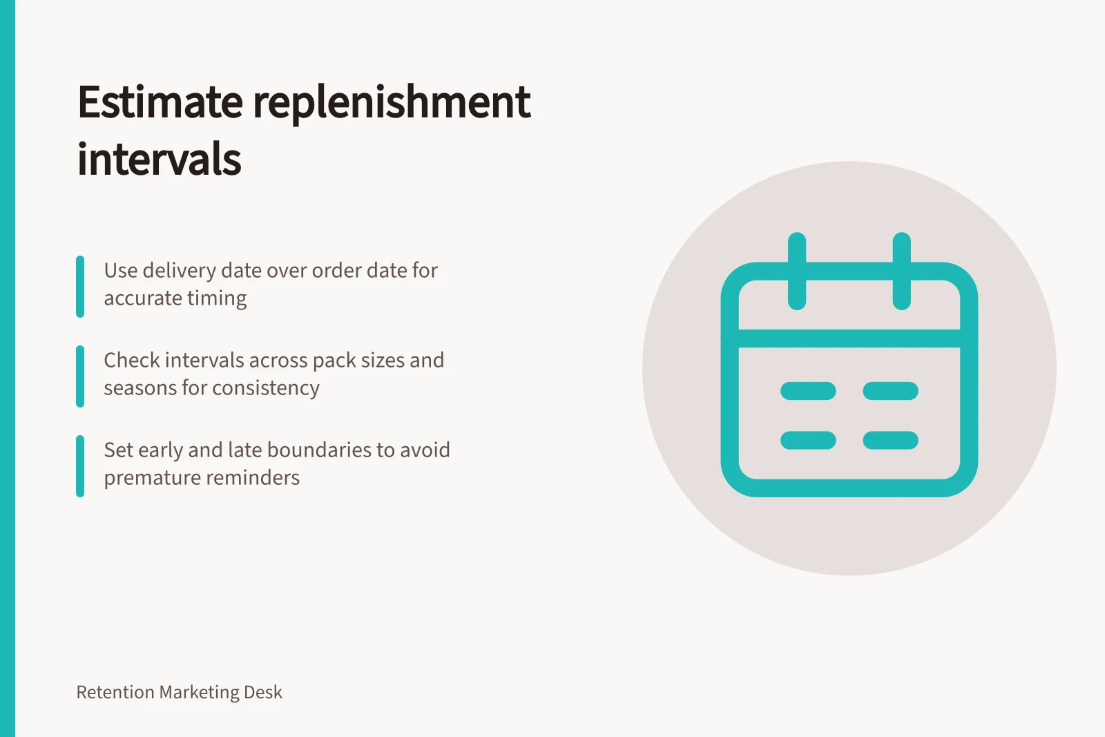Estimate replenishment intervals: Use delivery date over order date for accurate timing; Check intervals across pack sizes and seasons for consistency; Set early and late boundaries to avoid premature reminders