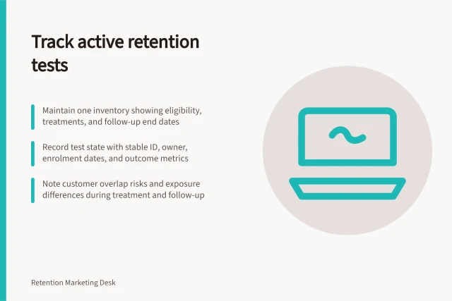 Track active retention tests: Maintain one inventory showing eligibility, treatments, and follow-up end dates; Record test state with stable ID, owner, enrolment dates, and outcome metrics; Note customer overlap risks and exposure differences during treatment and follow-up. Keeping an inventory of active retention tests