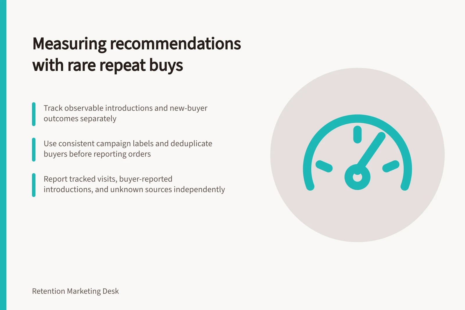 Measuring recommendations with rare repeat buys: Track observable introductions and new-buyer outcomes separately; Use consistent campaign labels and deduplicate buyers before reporting orders; Report tracked visits, buyer-reported introductions, and unknown sources independently