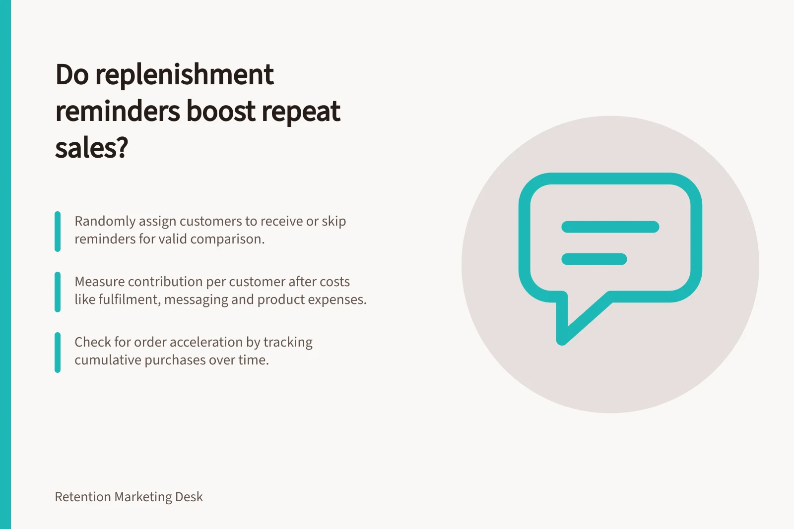 Do replenishment reminders boost repeat sales?: Randomly assign customers to receive or skip reminders for valid comparison.; Measure contribution per customer after costs like fulfilment, messaging and product expenses.; Check for order acceleration by tracking cumulative purchases over time.
