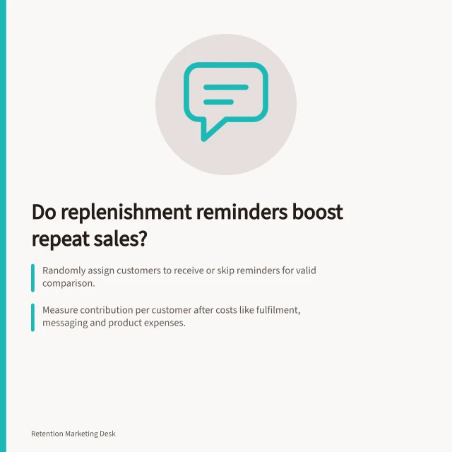 Do replenishment reminders boost repeat sales?: Randomly assign customers to receive or skip reminders for valid comparison.; Measure contribution per customer after costs like fulfilment, messaging and product expenses.; Check for order acceleration by tracking cumulative purchases over time. Measuring whether replenishment reminders improve profitable repeat purchase