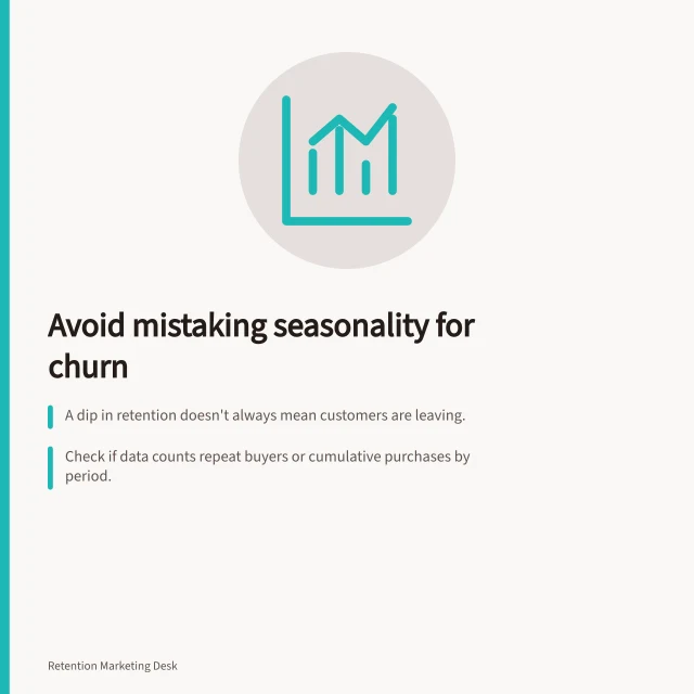 Avoid mistaking seasonality for churn: A dip in retention doesn't always mean customers are leaving.; Check if data counts repeat buyers or cumulative purchases by period.; Compare same elapsed ages across entry seasons to spot real churn. Reading cohort curves without confusing seasonality with churn