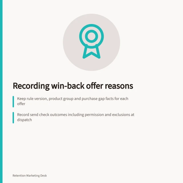 Recording win-back offer reasons: Keep rule version, product group and purchase gap facts for each offer; Record send check outcomes including permission and exclusions at dispatch; Preserve selection and send times with approved offer version identifiers. Recording why a customer received a win-back offer