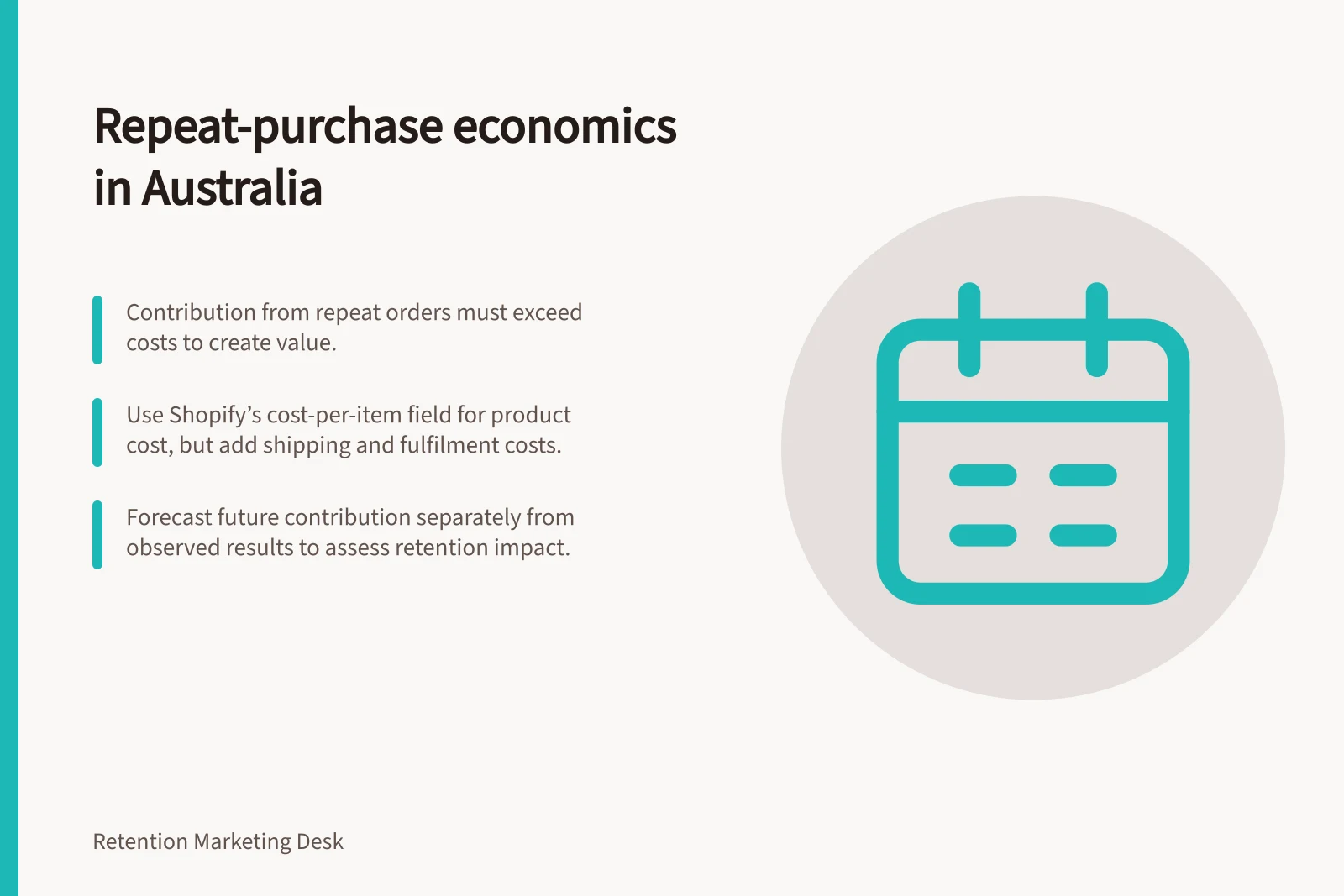Repeat-purchase economics in Australia: Contribution from repeat orders must exceed costs to create value.; Use Shopify’s cost-per-item field for product cost, but add shipping and fulfilment costs.; Forecast future contribution separately from observed results to assess retention impact.