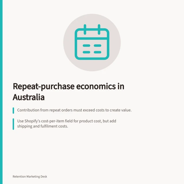 Repeat-purchase economics in Australia: Contribution from repeat orders must exceed costs to create value.; Use Shopify’s cost-per-item field for product cost, but add shipping and fulfilment costs.; Forecast future contribution separately from observed results to assess retention impact. Repeat-purchase economics