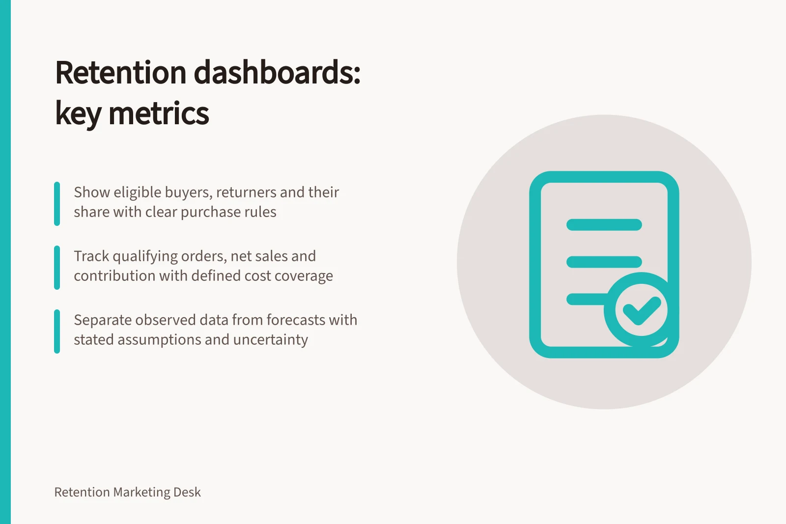 Retention dashboards: key metrics: Show eligible buyers, returners and their share with clear purchase rules; Track qualifying orders, net sales and contribution with defined cost coverage; Separate observed data from forecasts with stated assumptions and uncertainty