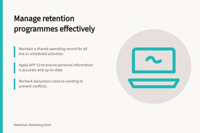 Manage retention programmes effectively: Maintain a shared operating record for all live or scheduled activities.; Apply APP 10 to ensure personal information is accurate and up-to-date.; Recheck exclusions close to sending to prevent conflicts. Retention programme operations