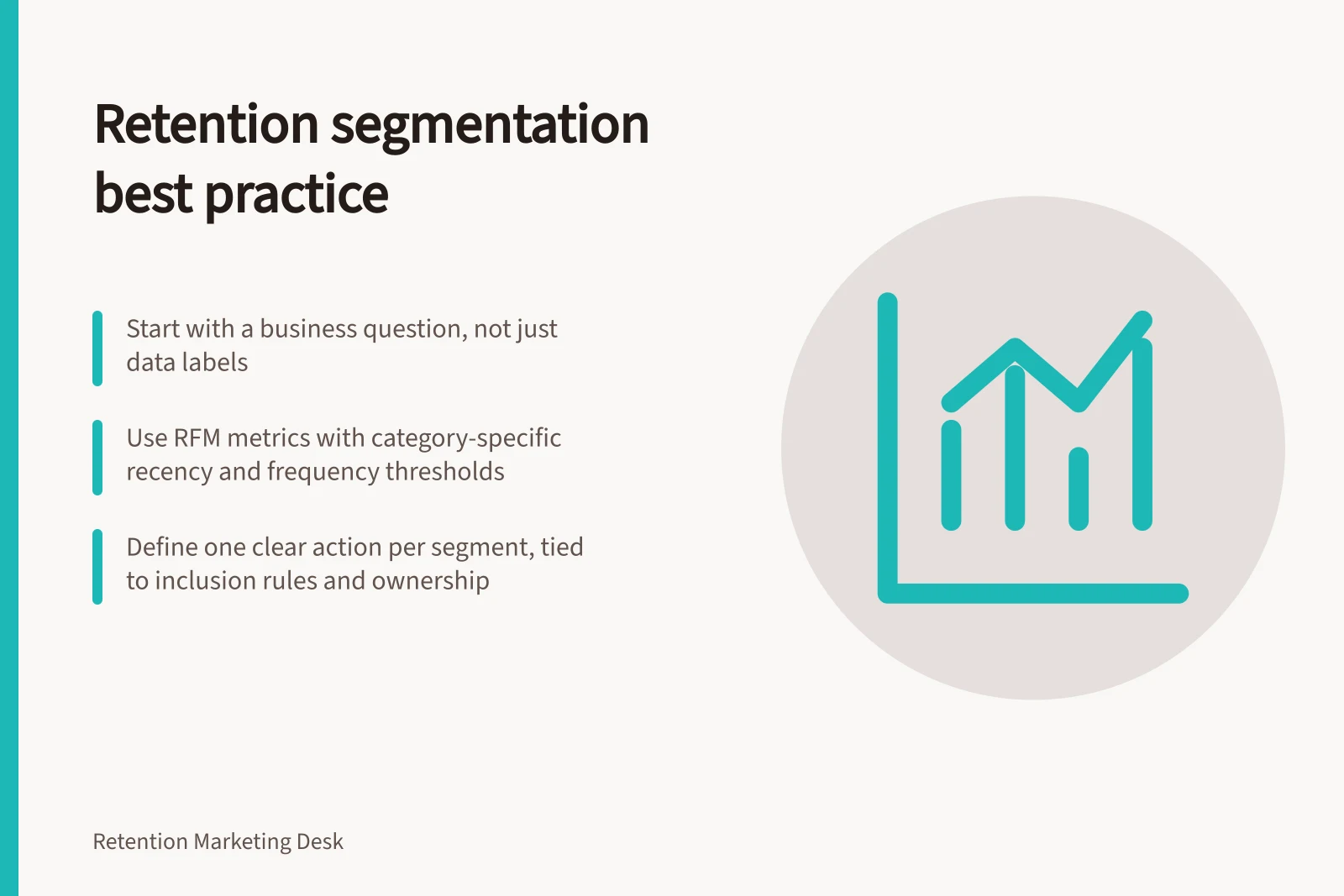 Retention segmentation best practice: Start with a business question, not just data labels; Use RFM metrics with category-specific recency and frequency thresholds; Define one clear action per segment, tied to inclusion rules and ownership