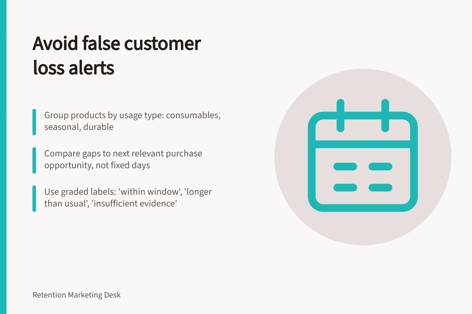 Avoid false customer loss alerts: Group products by usage type: consumables, seasonal, durable; Compare gaps to next relevant purchase opportunity, not fixed days; Use graded labels: 'within window', 'longer than usual', 'insufficient evidence'