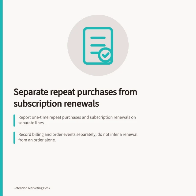Separate repeat purchases from subscription renewals: Report one-time repeat purchases and subscription renewals on separate lines.; Record billing and order events separately; do not infer a renewal from an order alone.; Reconcile combined sales to components on the same period and gross-or-net basis. Separating repeat purchase from subscription renewals