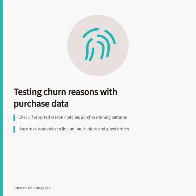 Testing churn reasons with purchase data: Check if reported reason matches purchase timing patterns; Use order-state rules to link online, in-store and guest orders; Compare stock, price and delivery records against predicted patterns. Testing a reported churn reason against lost-customer purchase histories