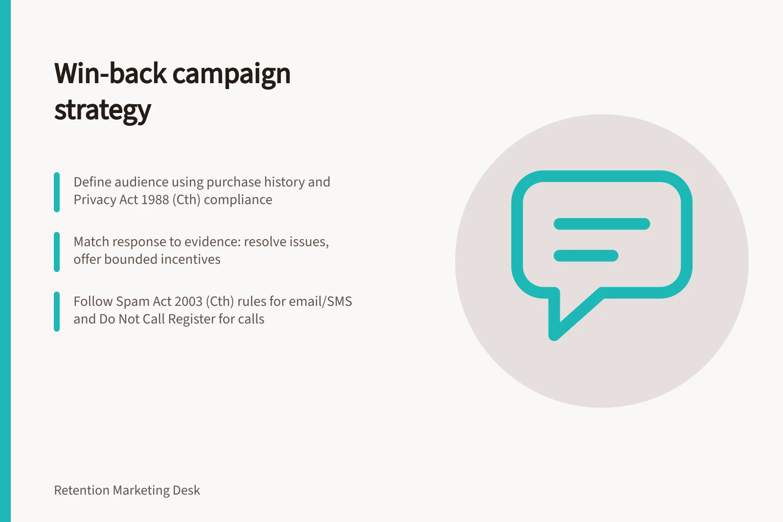 Win-back campaign strategy: Define audience using purchase history and Privacy Act 1988 (Cth) compliance; Match response to evidence: resolve issues, offer bounded incentives; Follow Spam Act 2003 (Cth) rules for email/SMS and Do Not Call Register for calls